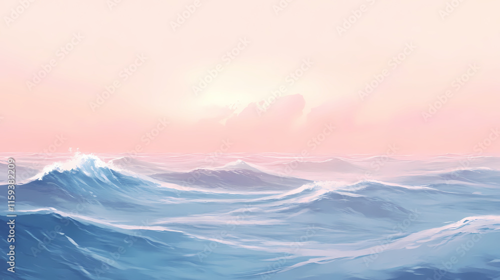 Wall mural a serene view of gentle ocean waves under a soft, hazy sky, creating a calm and peaceful atmosphere.