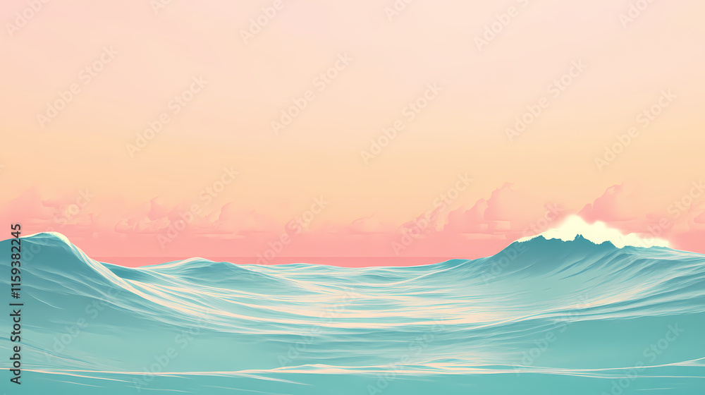 Wall mural a serene view of gentle ocean waves under a soft, hazy sky, creating a calm and peaceful atmosphere.