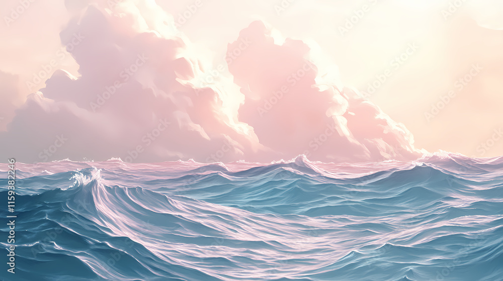Wall mural a serene view of gentle ocean waves under a soft, hazy sky, creating a calm and peaceful atmosphere.