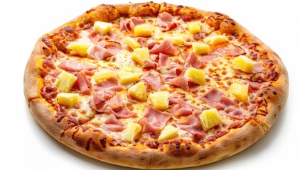 Pizza with ham and pineapple toppings. The pizza is on a white background. The pizza is very large and has a lot of toppings