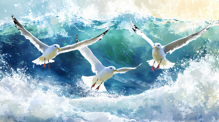 A vibrant scene of seagulls in flight, their feathers distinct against the backdrop of rolling ocean waves, capturing the essence of motion and the vast open sea. Seabreeze. Illustration