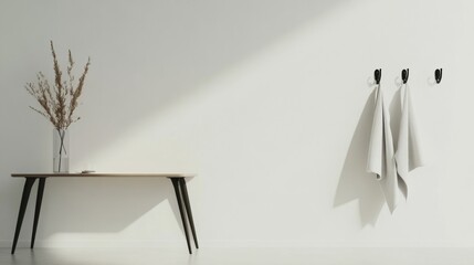 Modern minimalist entryway design with minimal furnishings. Featuring a clean, open layout with sleek lines