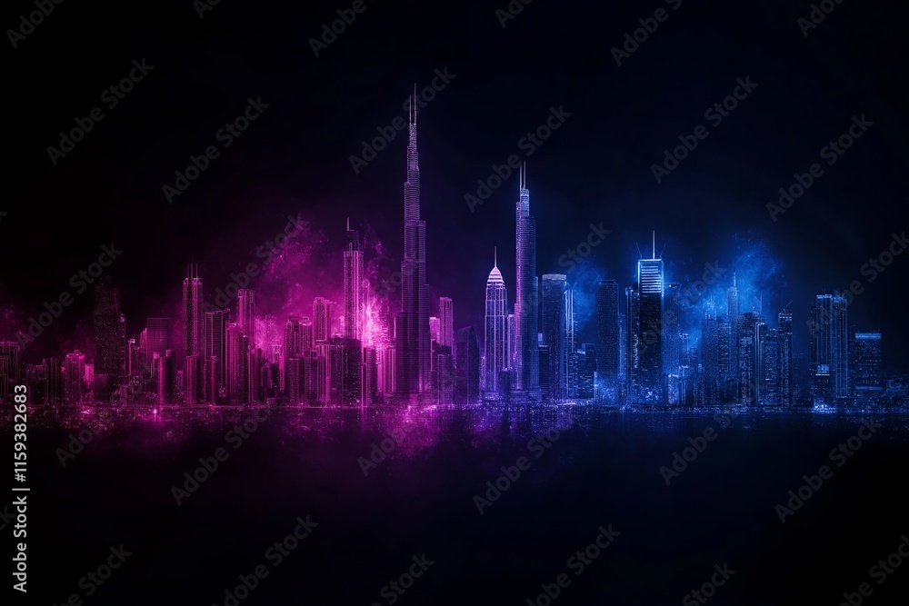 Poster a futuristic skyline silhouette dissolving into abstract color splashes