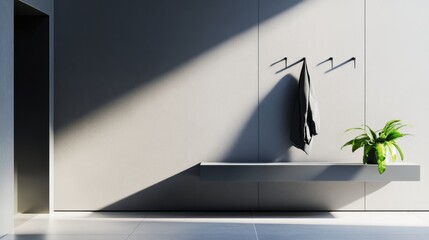 Modern minimalist entryway design with minimal furnishings. Featuring a clean, open layout with sleek lines