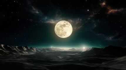 Fototapeta premium Moonlit Martian landscape with stars galaxies