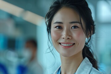 Fototapeta premium A smiling female doctor in a medical setting, showcasing professionalism and care in healthcare.