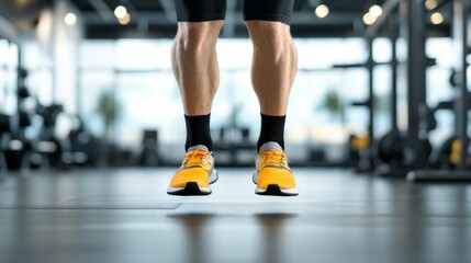 Fototapeta premium Close-Up View of Athlete's Legs in Bright Athletic Shoes Jumping on Gym Floor Surrounded by Exercise Equipment Creating Energetic Atmosphere for Fitness Photography