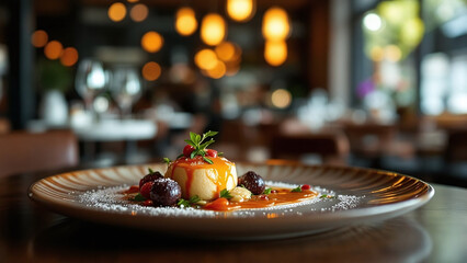 Gourmet dessert presentation with vibrant fruits and elegant plating in a cozy restaurant