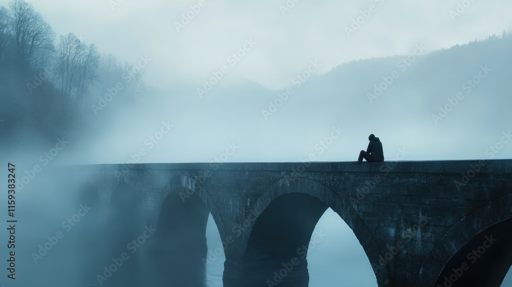 Fototapete lonely figure on a foggy bridge at dawn reflects on solitude and connection. generative ai