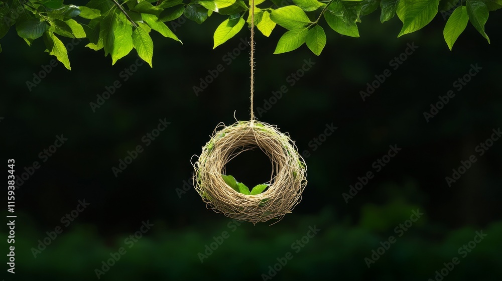 Poster nest made of twigs and branches hanging from green leaves in a forest with dark background showcasin