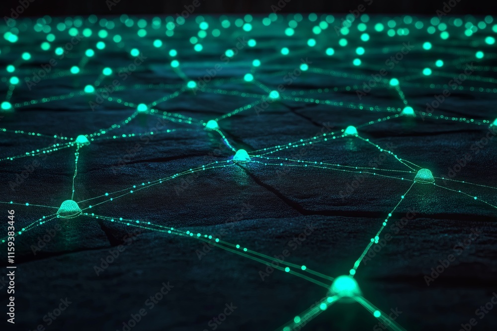 Poster a grid of glowing, interconnected nodes in neon blue and green.