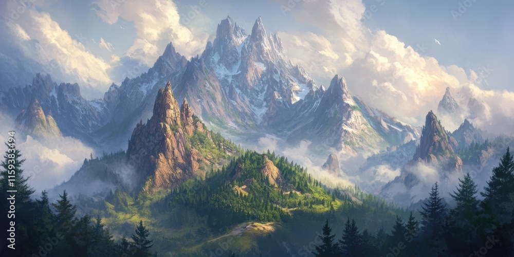 Poster towering mountains adorned with snow and surrounded by dense forests create a breathtaking landscape