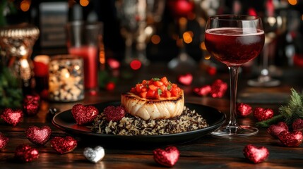 Fototapeta premium Romantic valentine's day dining experience cozy restaurant gourmet food intimate atmosphere close-up view culinary delight