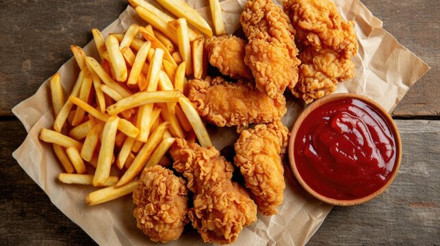 A delicious and indulgent combo meal consisting of breaded, fried chicken tenders served with crispy golden french fries and a side of ketchup for dipping.