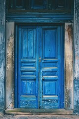 A weathered blue wooden door in a historic stone house with an old-world charm. The vintage design and aged look add character to the entrance.