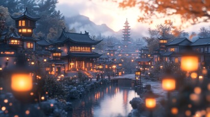 Obraz premium Illuminated Chinese Village Sunset Scenic Beauty