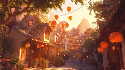 Obraz premium Serene Asian Street Scene Golden Hour Sunset