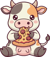 a cartoon of a cow eating a slice of pizza.