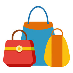 colorful shopping and handbag vector illustration, a vibrant vector illustration of three handbags, including shopping and fashion bags, in bold colors on a white background.
