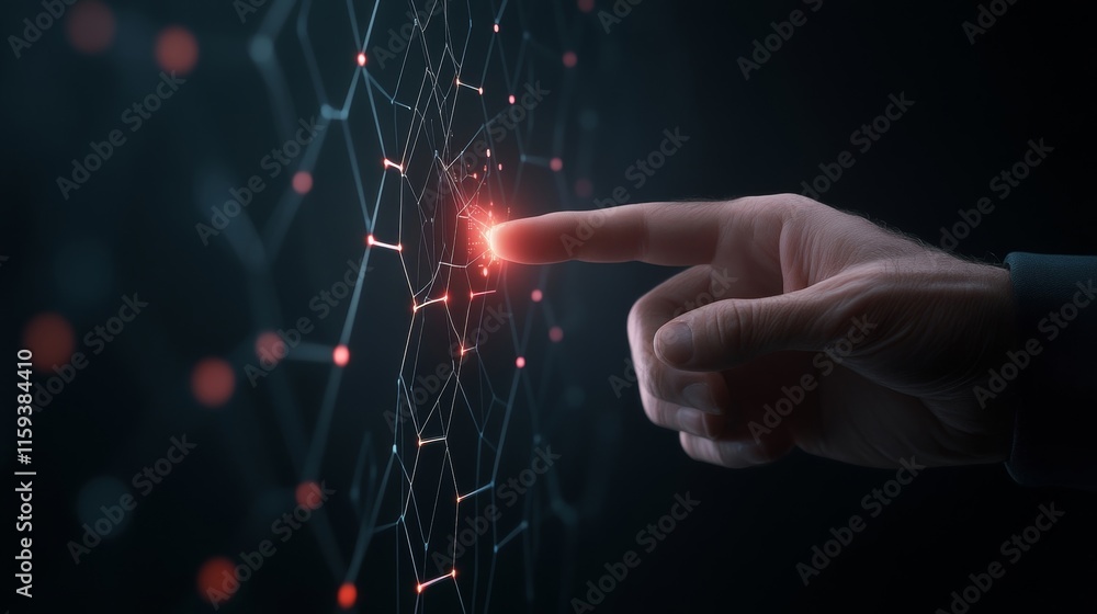 Poster futuristic concept of human touch on abstract network structure representing connection, data flow, 