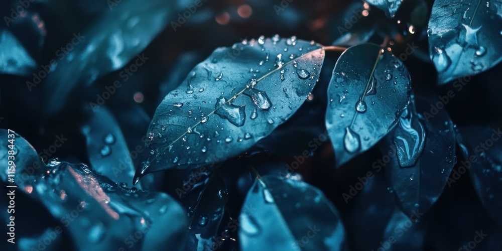 Poster lush green leaves adorned with glistening raindrops are illuminated by soft evening light, creating 