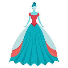 blue and red ball gown with layered skirt vector, vector illustration of a blue and red ball gown featuring puffed sleeves, a fitted bodice, and a layered flared skirt in a flat style.  
