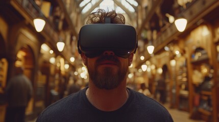 Man Experiencing Immersive Virtual Reality in a Vibrant Shopping Arcade