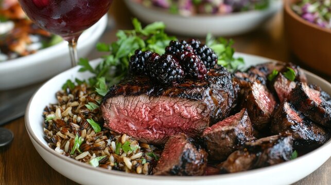 Romantic valentine's day dining experience grilled venison steak with blackberry reduction cozy restaurant setting