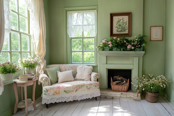 Charmantes Cottagecore-Wohnzimmer mit floralen Mustern und Pastellgrün