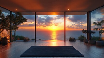 Fototapeta premium Sunset view from modern minimalist living room.