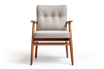 A stylish mid-century modern armchair with a gray fabric seat and wooden frame, perfect for any contemporary space.