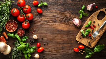 Fresh tomatoes and herbs on rustic wooden board