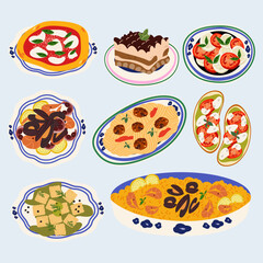 Set of Italian cuisine illustrations. Cute vector retro stickers of traditional products and dishes, caprese, seafood risotto, ravioli, margherita pizza, tiramisu. Italian food set