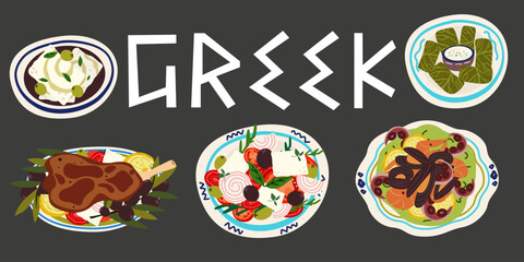Greek Traditional Food Set. Greek Cuisine. Greek salad, moussaka, dolma, spanakopita, feta cheese, seafood. Greek traditional elements, food and dishes. Vector illustration on a gray background