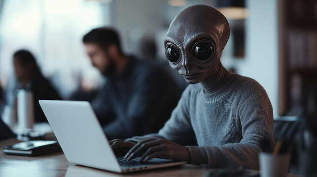 Alien Businessman Working on Laptop in an Office, A creative depiction of an extraterrestrial functioning as a business analyst/programmer in a modern office. 
