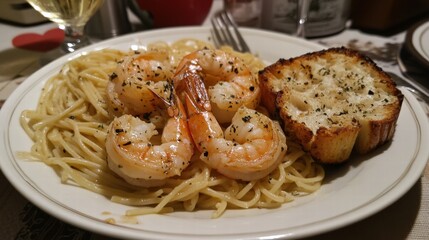 Fototapeta premium Romantic valentine's day dining experience with garlic butter shrimp scampi cozy restaurant setting elegant atmosphere