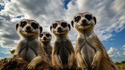 A group of meerkats standing alert on a mound under a dramatic cloudy sky.