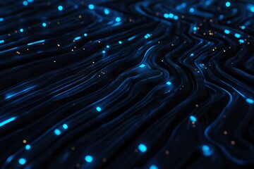 Abstract circuits with metallic silver and electric blue highlights.