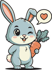 a cartoon rabbit with a heart on his chest holds a carrot.