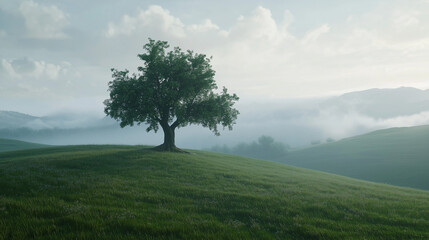 Fototapeta premium Samotne drzewo stoi na zielonej łące, otulone poranną mgłą i oświetlone delikatnymi promieniami wschodzącego słońca, tworząc spokojną i eteryczną atmosferę.