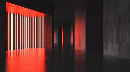 Modern dark corridor illuminated red neon lights