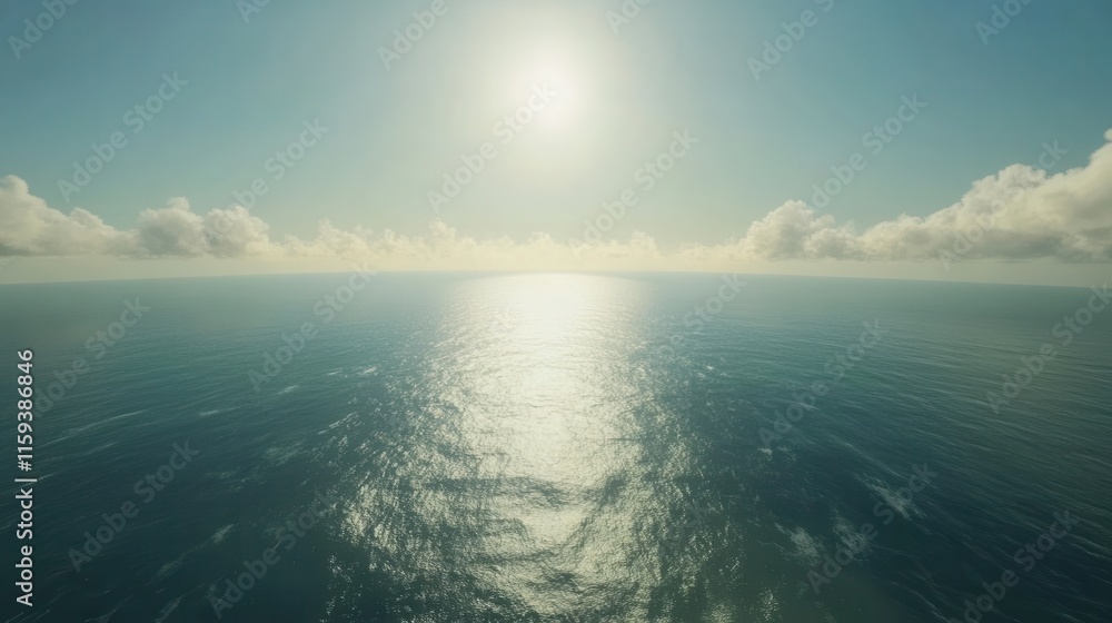 Poster a serene view of the ocean stretching to the horizon under a bright sun, with soft clouds adding to 