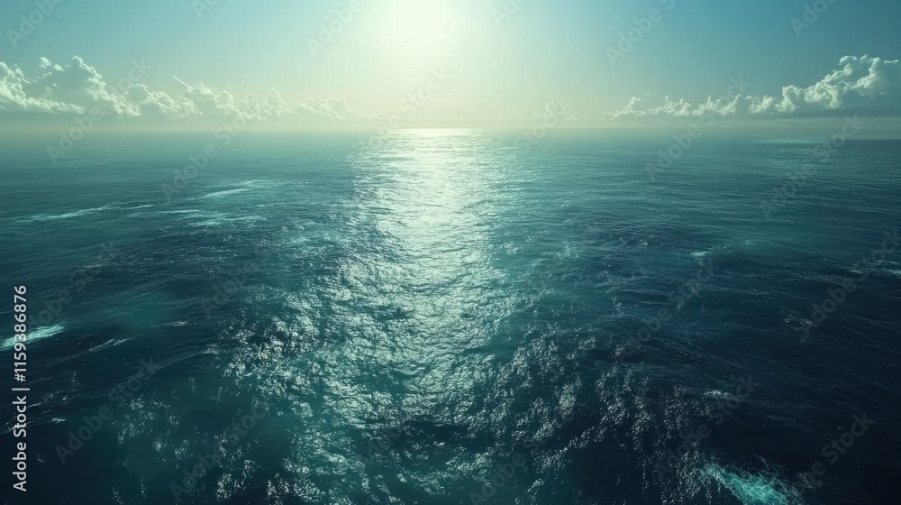 Poster sunlight glimmers on the surface of the ocean, creating a serene atmosphere in the early morning as 