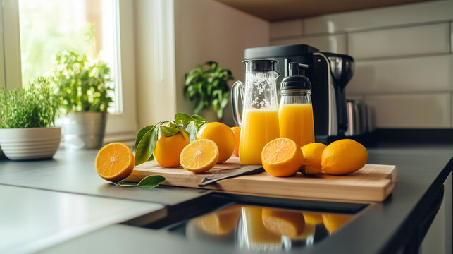 Minimalistyczna kuchnia z wyciskarką do sok&oacute;w i kolorowymi owocami cytrusowymi ułożonymi na blacie, gotowymi do przygotowania zdrowego, odświeżającego soku.