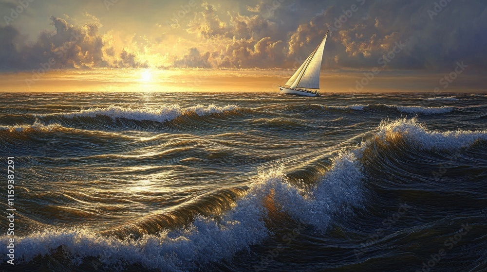 Poster sunset casts a warm glow over the ocean as a sailboat navigates through rolling waves, creating a tr