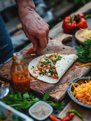 A person in a kitchen, cutting and assembling a homemade quesadilla with fresh ingredients on a wooden board.