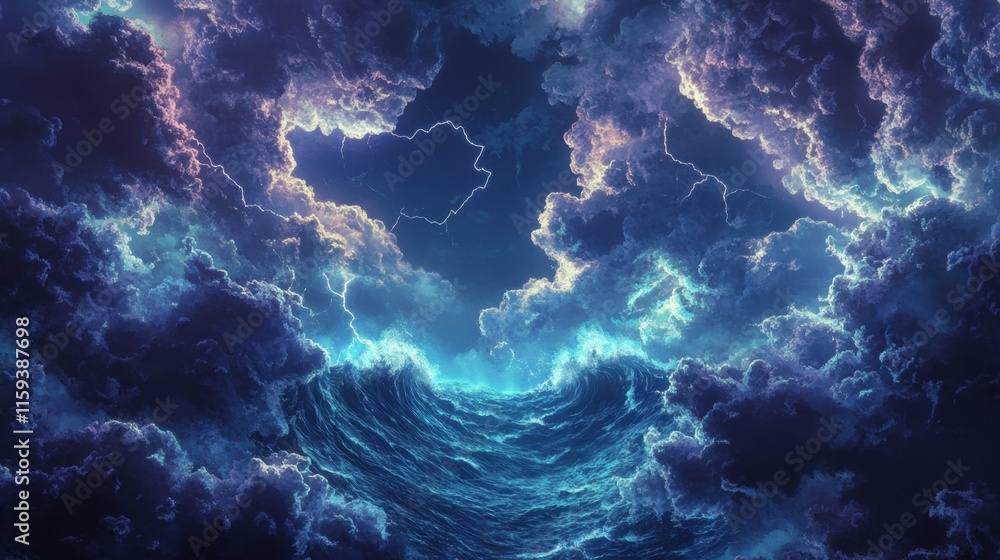 Poster dark clouds swirl dramatically above churning waves, while flashes of lightning illuminate the tumul