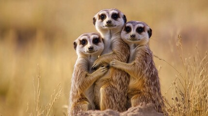 Trio of meerkats huddling together on a grassy plain, displaying close-knit family bonds and adorable expressions.