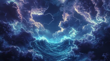Fototapeta premium Dark clouds swirl dramatically above churning waves, while flashes of lightning illuminate the tumultuous scene during twilight at sea. Generative AI