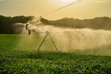 Irrigation equipment. Irrigation system for American farm. Sprinklers watering system. Irrigation system for farm land. Lawn sprinkler watering field. Aerial photo of irrigation used to water plants.